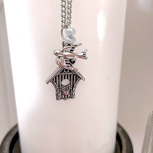 Bird/birdhouse pendant with silver tone 18” chain/light blue beads